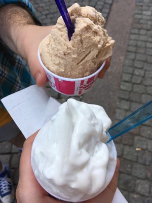Vegan coconut ice cream; non-vegan salted caramel ice cream at StikkiNikki - Mariatorget in Stockholm