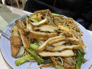 Yellow Noodles with Mocks. at Loving Hut in Cabramatta