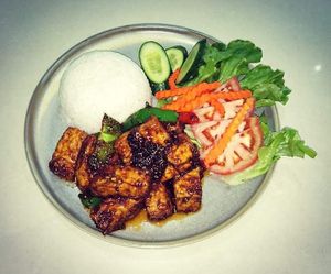 Satay Chilli Tofu and Rice. at Loving Hut in Cabramatta