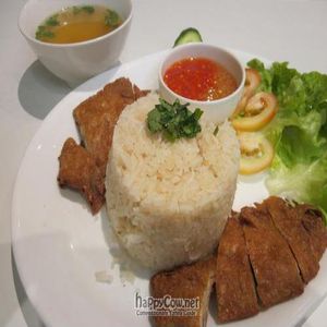 Hainanese Veg Chicken Rice with Ginger Chilli sauce at Loving Hut in Cabramatta