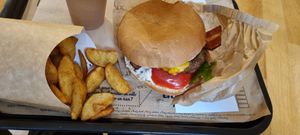 Burger with extra "bacon". at Hank Cuisine Végétale in Lyon