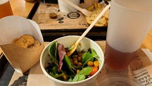 Work in progress: Nuggets, salad and beer. at Hank Cuisine Végétale in Lyon