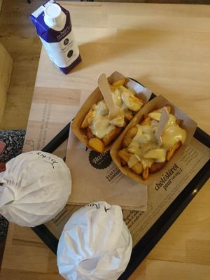 Burgers and cheese fries!  at Hank Cuisine Végétale in Lyon