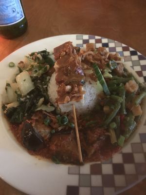 Meal with tofu satay, pac choi, aubergine and gado gado at Tujuh Maret in Amsterdam