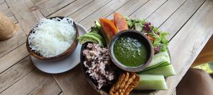 Buddha bowl with extra rice noodles at Vegan Soul Kitchen in Penida Island