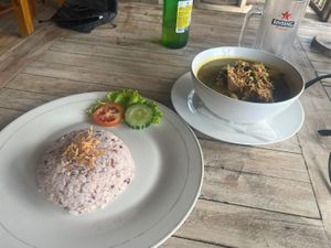 Coconut vege curry and rice (jackfruit)  at Vegan Soul Kitchen in Penida Island