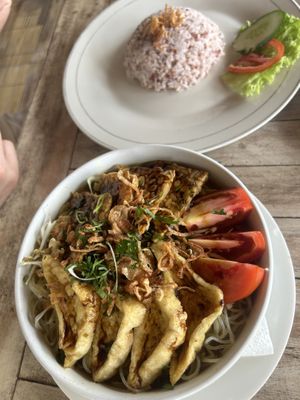 tempe tofu noodle dish  at Vegan Soul Kitchen in Penida Island