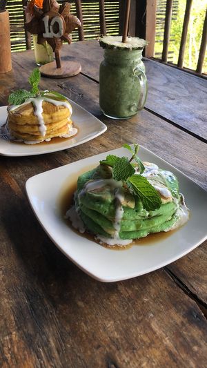 Pumpkin pancakes and banana pancakes (green ones)  at Vegan Soul Kitchen in Penida Island