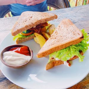 BBQ tempeh sandwich with potato wedges (the wedges were lovely!)  at Vegan Soul Kitchen in Penida Island