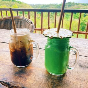 Green smoothie (life changing!) and iced Bali coffee  at Vegan Soul Kitchen in Penida Island