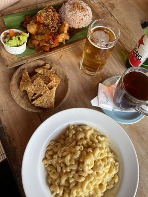 fried tofu, macaroni in cream cheese (cashew based)  at Vegan Soul Kitchen in Penida Island