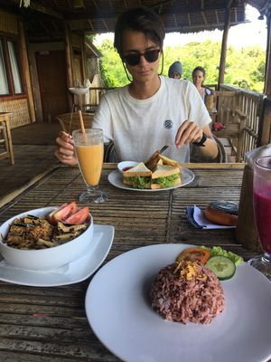 Guacamole sandwich (comes with fries) and the Soto (comes with rice while there are also noodles in the soup so very filling not liquidy kind of soup!)  at Vegan Soul Kitchen in Penida Island