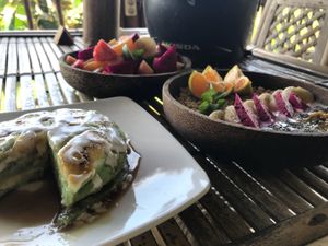 Best vegan banana pancakes I ever ate with fruit salad and granola bowl at Vegan Soul Kitchen in Penida Island