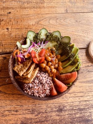 Summer buddha bowl w extra chickpeas  at Vegan Soul Kitchen in Penida Island