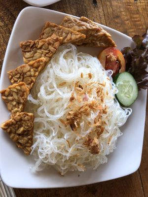 Tempeh and noodles  at Vegan Soul Kitchen in Penida Island