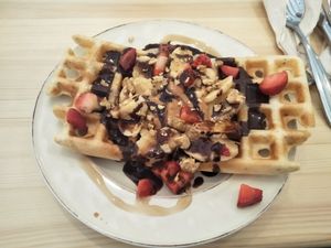 Vegan peanut and banana waffles. at Graze in Shanghai