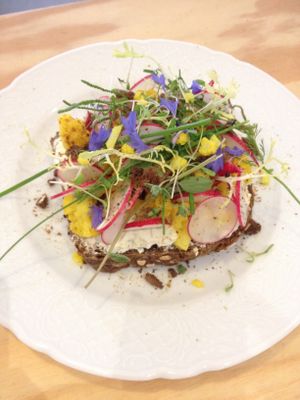 bread with home made creamcheese and seasonal veggies and flowers at Living in Geel
