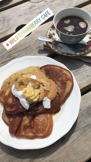 Banana and Peanut Butter Pancake Stack  at Wild Strawberry Cafe in Great Missenden