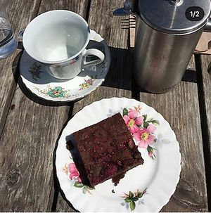 Vegan chocolate, raspberry and pecan brownie at Wild Strawberry Cafe in Great Missenden