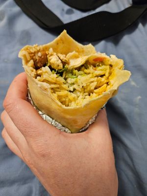 Rice, tofu, pinto beans, guacamole, cilantro, Pico, tomatillo salsa, and broccoli at Boloco in Hanover