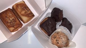 mocha brownie, muffin, thin mint cookie, and almond cakes at Carina's Bakery in Beaverton