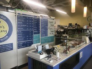Counter and display case, menu at Carina's Bakery in Beaverton