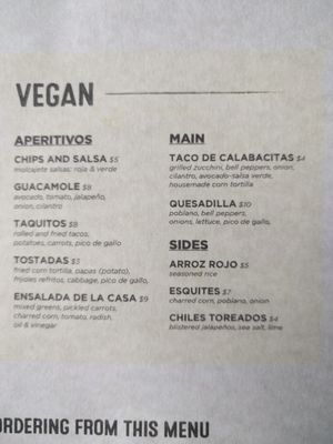 Vegan menu (as of March 2018) at El Papi in Mobile