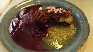 flan de chocolate a la naranja y frambuesa at Bon Lloc in Mallorca