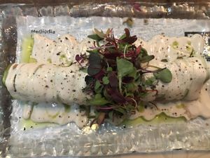 Raw cannelloni filled with mushrooms, walnuts and sundried tomato sauce at Bon Lloc in Mallorca