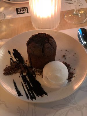 Chocolate cake with liquid chocolate inside & lemongrass almond ice cream  at Bon Lloc in Mallorca
