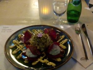 Beetroot ravoli at Bon Lloc in Mallorca