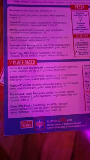 Plant based section of the menu at Atomica in Kingston