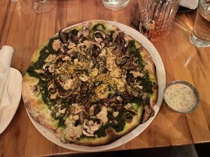 Vegan fungi pizza with vegan ranch.  at Atomica in Kingston