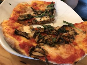 Margerhitta Pizza w mushroom bacon  at Atomica in Kingston