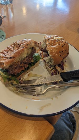 Half of the Cheese please burger and half of the chicken burger, we were too keep to eat them up so it's not the best representation at Soul Burger in Newtown