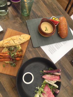 Rutabaga Fondue, Pastrami spiced carrots and Fancy Radish Cruidte. at Fancy Radish in Washington