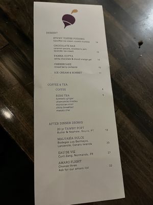 Dessert menu  at Fancy Radish in Washington