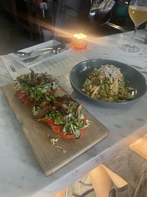 Heirloom tomato toast and gochujang mayo corn  at Fancy Radish in Washington