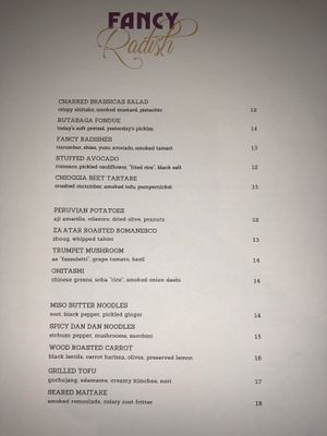 Menu at Fancy Radish in Washington