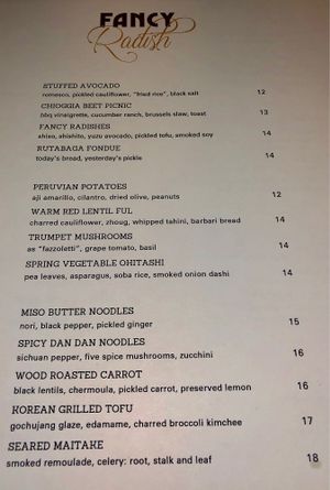 Dinner Menu  at Fancy Radish in Washington