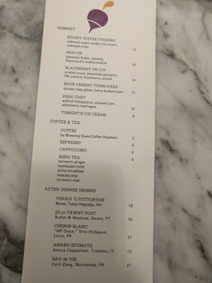 Dessert Menu Nov 2019 at Fancy Radish in Washington