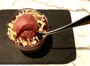 Amazing chocolate peanut butter desert with raspberry sorbet  at Fancy Radish in Washington