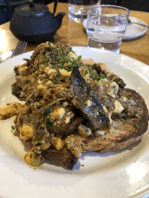 Silken tofu scramble with mushroom medley and kimchi   at Room For A Pony in North Hobart
