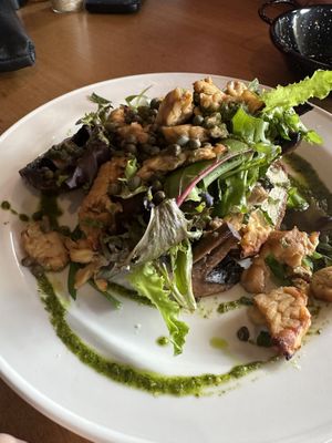The mushroom toast- with tempeh and cashew cream. I couldn’t finish the serving   at Room For A Pony in North Hobart