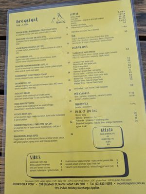 Menu at Room For A Pony in North Hobart
