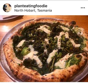 Kale and broccoli Woodfire vegan pizza! Yummmm! Lots of options to choose from  at Room For A Pony in North Hobart