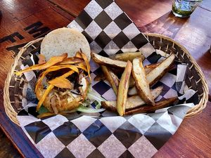 Burger & potatoes at Mi Vegano Favorito in San Jose Del Cabo