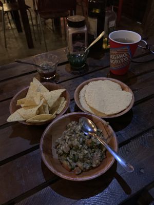 Spanish lentils with house chips at Mi Vegano Favorito in San Jose Del Cabo
