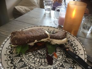 Falafel and hummus sandwich. They leave out the pesto and add extra hummus. It was freshly made and delicious. at Vintage Coffee in Frederiksberg
