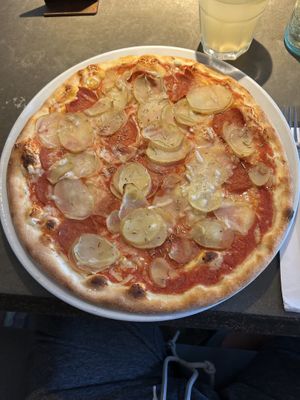 Pizza 108 (salcciciana) with vegan cheese, vegan salami, potatoes (this seems to be a danish thing?) and rosemary  at Café Piccolina in Aarhus